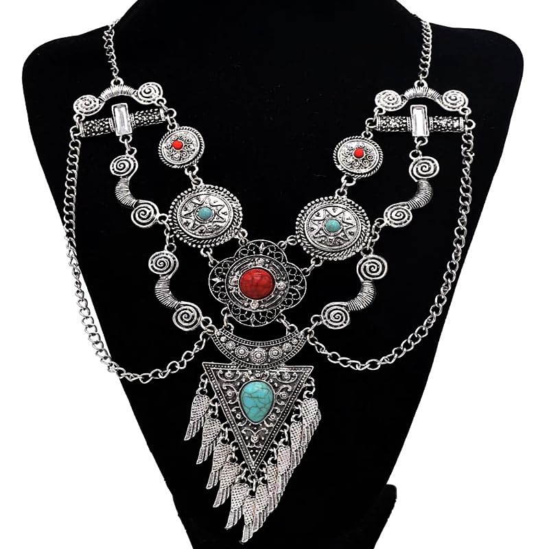 Bethynas Bohemian Ethnic Tribal Chunky Necklace Multilayer Long Tassel Turquoise Statement Neck Chain Retro Coin Gemstone Exaggerated Costume Accessories for Women - color: B-Silver