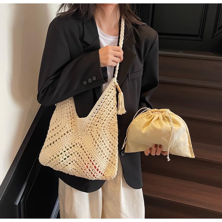 Crochet Beach Bags for Women Woven Purses Shoulder Bag Tote Handbag Summer Beach Purse - color: Wy13-white