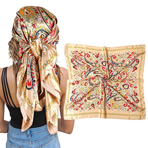 AWAYTR Satin Silk Scarf - Large Hair Bandana, Sleeping Wrap for Women - color: Cashew(champagne)