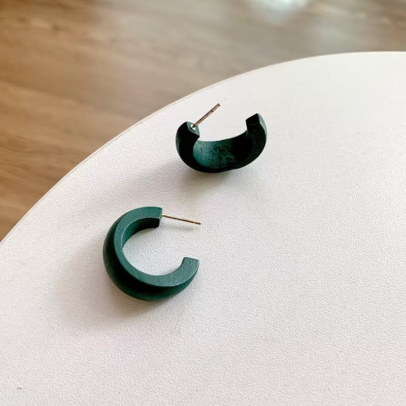Boho Retro Wooden Lightweight Geometric C Hoop Earrings Natural Wood Stud Earrings for Women - color: Green