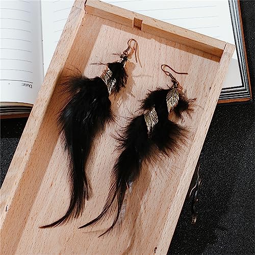 Bohemian Handmade Natural Long Feather Dangle Earrings for Women Multicolor Tassel Feathers Dangle Drop Earrings Vintage Bohemian Earrings Boho Feather Earrings - color: Black