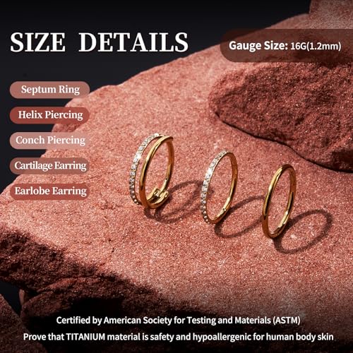 G23 Titanium 3PCS/7PCS 16G Cartilage Double-Hoop Helix Conch Piercing Jewelry With Cubic Zirconia Flat Back Stud Earrings Set For Women Men - color: A-3PCS-Gold-16G-8mm