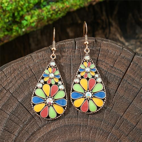 coadipress Bohemian Flower Teardrop Earrings for Women Trendy Vintage Colorful Hollow Out Flower Floral Dangle Earrings Bohemian Handmade Ethnic Statement Jewelry - color: Green Yellow