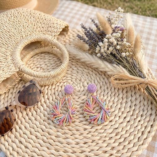 Woven Raffia Rattan Earrings for Women, Boho Flower Hoop & Drop Dangle Earrings Collection, Handmade Summer Beach Vacation Statement Earrings for Party Daily Wear - color: Rainbow Woven Hoop