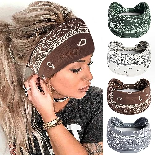FULZTEY Boho Headbands for Women Fashion Wide Hairbands Knotted Headwarp Non Slip Bandana Stretchy Yoga Workout Sweat Band Paisley Print Turban Trendy Head Bands for Women's Hair Accessories 4 Pack - color: Style 21