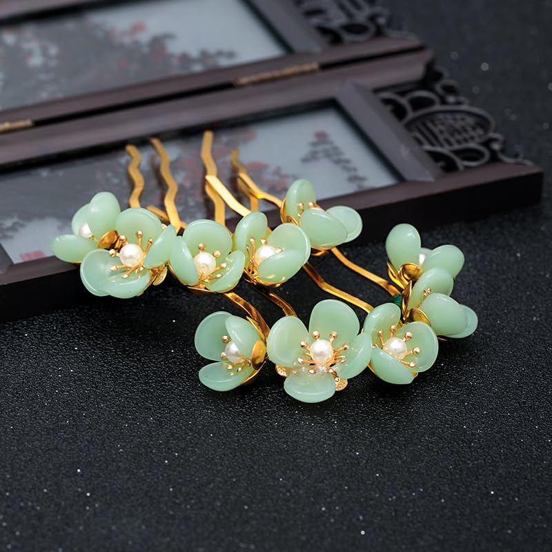 2pcs Jade Flower Hair Pin, Chinese Hair Stick Jade Hairpin, Retro Chignon Pin Traditional Classical Flower Hair Chopstick Hair Styling Accessories for Women, Green - color: 2 green