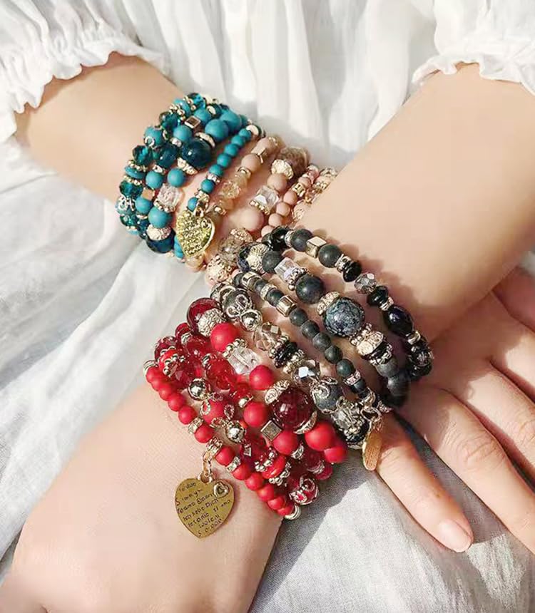 Bohemian Stackable Multi Layer Beaded Bracelets for Women Colorful Stacks Stretch Beads Heart Charm Elastic Bracelet Set Summer Beach Jewelry Gifts