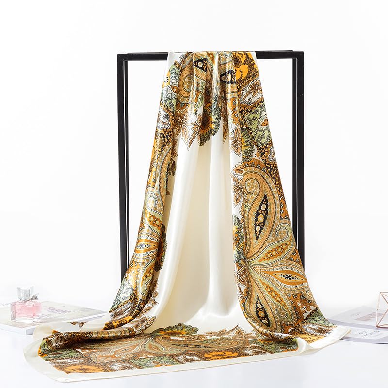 Women Head-Scarf Silk-Feeling-Scarf Hair Scarf Boho-Print Bandanas 35 Inches Square - color: Beige