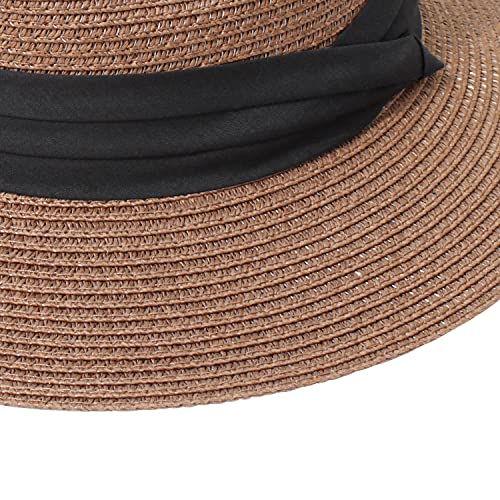 DRESHOW Women Straw Panama Hat Travel Fedora Beach Sun Hat Summer Wide Brim Straw Roll up Hats UPF 50+ - color: Fedora Coffee