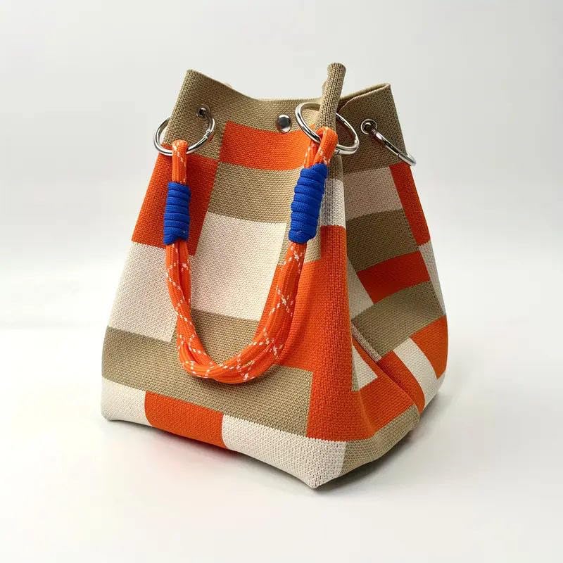 Crochet Tote Bag for Women, Knit Shoulder Handbag, Lightweight Reusable Shopping Bag, Summer Beach Woven Purse, White - color: Orange/Beige