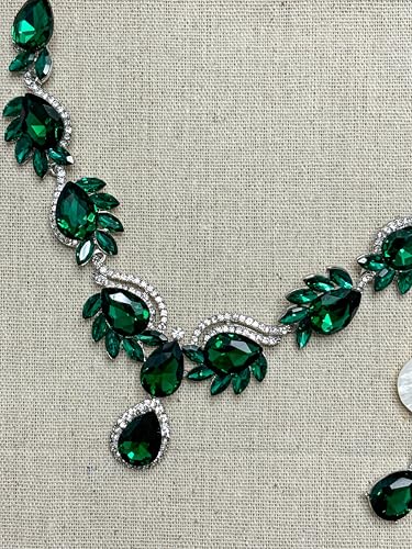Women Jewelry Set Rhinestone Crystal Bride Statement Choker Necklace Teardrop Cluster Dangle Earrings Set for Wedding Prom Party - color: emerald