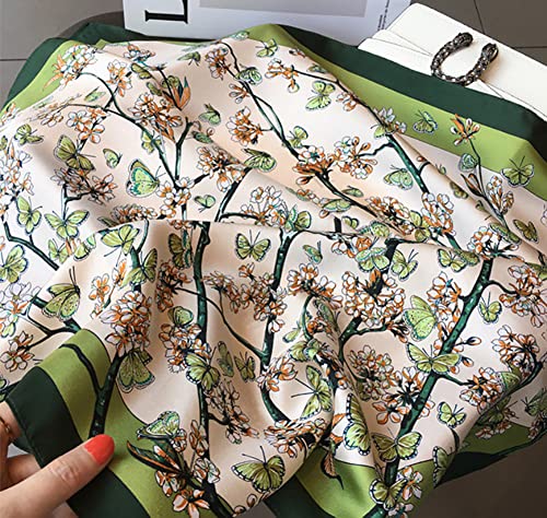 JERLA 100% Pure Mulberry Silk Square Scarf for Hair-27''x27'' Women Men Natural Silk Neckerchief Headscarf - color: Green Flower