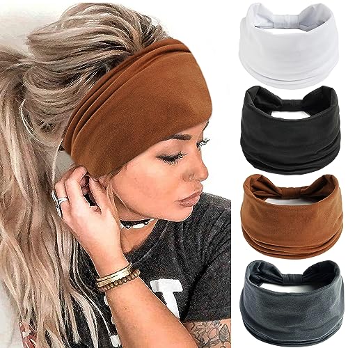 FULZTEY Wide Headbands for Women Neutral Head Band Extra Soft Hairbands Elastic Yoga Workout Hair Wraps White Turban Thick Knotted Bandanas Trendy Hair Accessories for Adult Teenager 4pcs - color: Style14