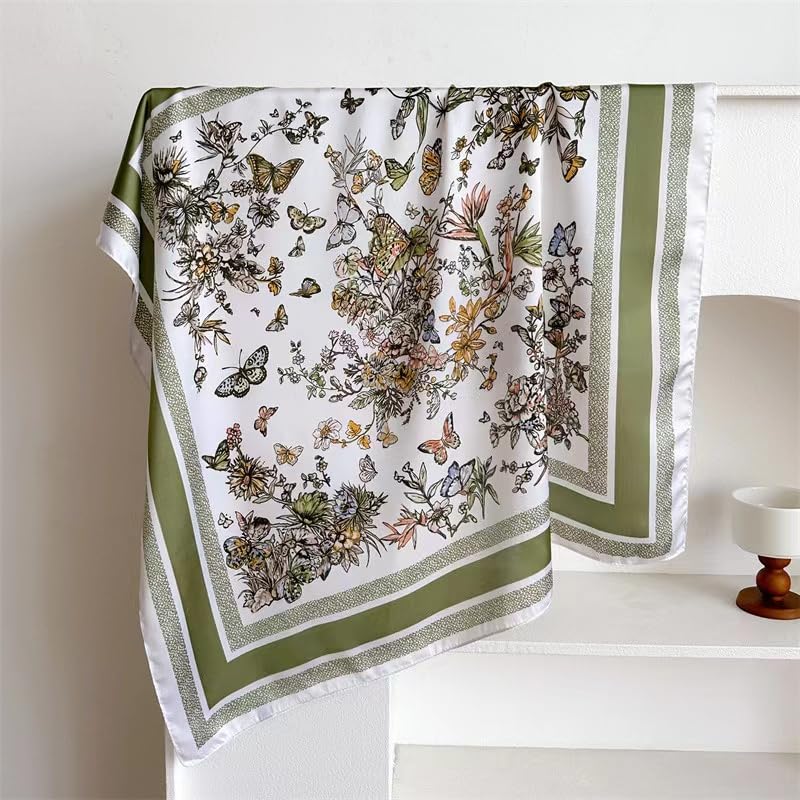 Stlvoll 27.5" Silk Neck Scarf of Women's Fashion Head Scarf Square Neck Satin Scarfs for Bag Hair Scarves Gift - color: Butterfly/Green