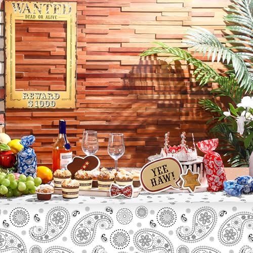 Tatuo Western Party Tablecloth Paisley Table Cover Bandana Plastic Table Cloth Rectangle Floral Tablecloth for Western Cowboy Themed Party 108 X 54 Inch(White,3 Pack) - color: White