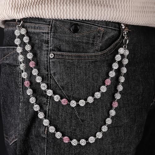 Rhinestone Ball Jeans Chain, Double Layer Crystal Waist Chain, Silver & Blue Sparkly Bling Pants Chain, Hip Hop Belt Chain Accessories for Women Men, Y2K Punk Aesthetic for Party, Festival, Everyday Wear - color: Pink