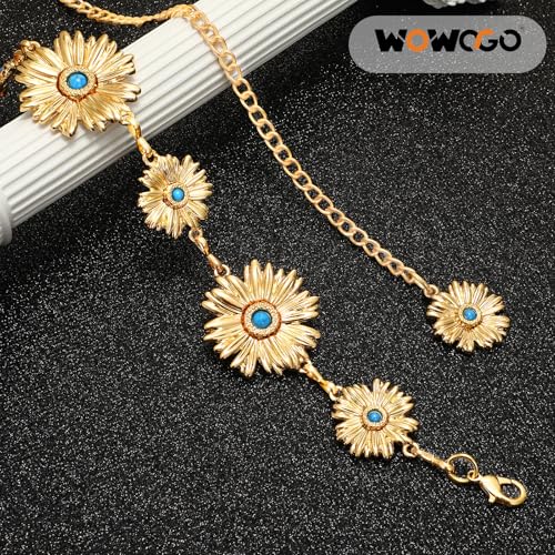 Western Turquoise Chain Belt for Women with Daisy Pattern Cowgirl Concho Metal Waist Belt for Boho Country - color: 2-gold(turquoise), size: Fit for Mid Waist up to 51"