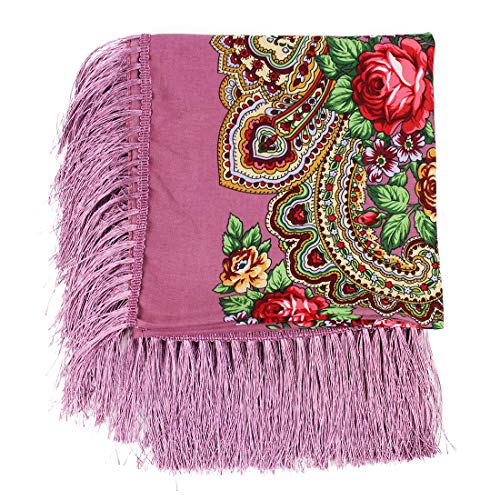 Gudessly Women's Traditional Scarf Wrap Tassel Fringes Neck Head Shawl Retro Scarf Floral Poncho Printing Square Cape 50inch - color: Purple