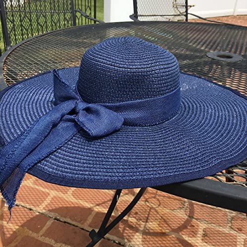 DRESHOW Beach Hats for Women Big Straw Wide Brim Summer Hat Floppy Foldable Roll up Cap Sun Hat UPF 50+ - color: Big Bow / Navy 5.9" Brim, 1 Pack