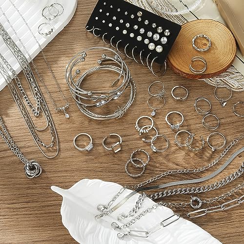 IFKM 36 PCS Silver Plated Jewelry Set with 3 PCS Necklace, 12 PCS Bracelet, 7 PCS Ear Cuffs Earring, 14 Pcs Knuckle Rings for Women Valentine Anniversary Birthday Friendship Gift - color: 41pcs Fashion Silver