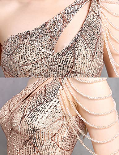 Women One Shoulder 1920s Plus Size Formal Dress Tassels Sleeve Sequins Gatsby Maxi Evening Gown - color: A-gold, size: X-Small