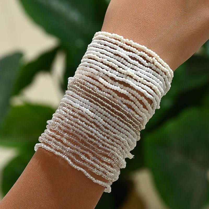 30Pcs Elastic Beaded Bracelets Set Bohemia Multilayer Stackable Seed Beaded Stretch Bracelet Anket Colorful Crystal Glass Beads Wristbands for Women Summer Beach Boho Jewelry Gifts - color: White