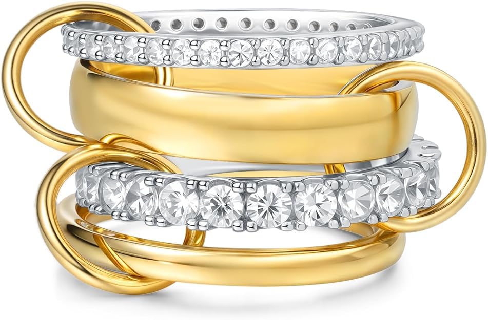 14K Gold Plating and Platinum Plating Stackable Interlocking Ring Set | Anti-Allergy Mixed Metal Multi-Ring Declaration Jewelry | Women's Festival Gift, Mother's Day/Birthday/Engagement Jewelry - size: 5, style: Four-layer ring