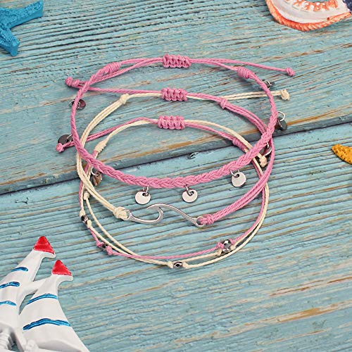 Waterproof String Anklets Cute Beaded Ankle Bracelets Beach Wave Anklet Stainless Steel Coin Boho Ankle Jewelry for Women - color: Pink