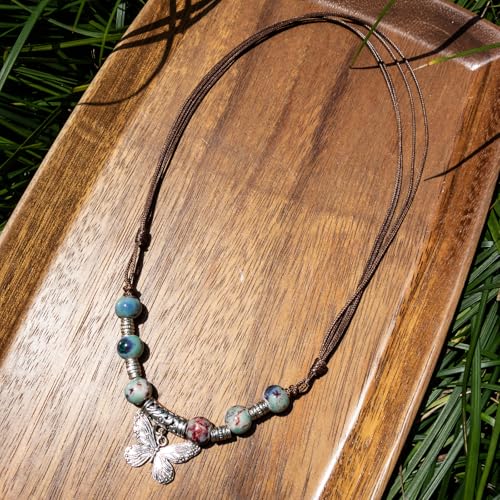 Boho Style Colorful Ceramic Bead Strand Necklace Adjustable Bohemian Jewelry Gift for Women, Fashion Clothing Matching Necklace - color: Green-S