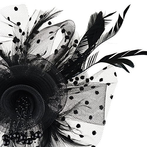 DRESHOW Fascinators Hat Flower Mesh Ribbons Feathers on a Headband and a Clip Tea Party Headwear for Girls and Women - color: 7" Diameter / Black