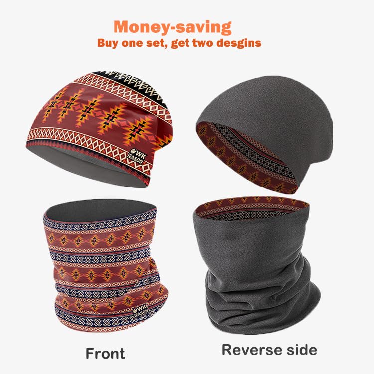 WK IEASON Winter Thermal Fleece Hat Scarf Set for Men Women Warm Windproof Cap Neck Warmer Fleece Beanie Scarf Set for Skiing - color: Red Bohemain