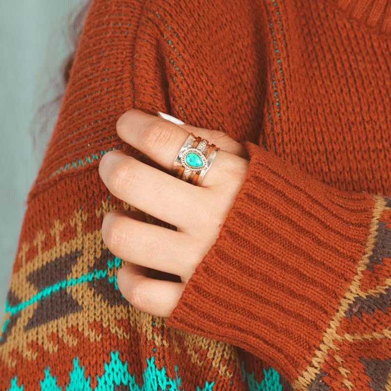 LRGKMCWTOB Vintage Sterling Silver Turquoise Ring for Women, Bohemian Style Handmade Dainty Ethnic Healing Stone Ring, Tribal Totem Cut Natural Turquoise Bridal Statement Ring Gift Size 10 - size: Size 10