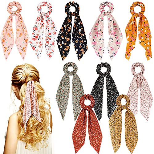 Chuangdi 10 Pcs Hair Scrunchies Hair Scarf with Ribbon Bunny Ears Chiffon Floral Bow Ponytail Holder Boho Elastic Floral Ropes 2 in 1 Vintage Accessories for Women (Ditsy Print) - style: Ditsy Print