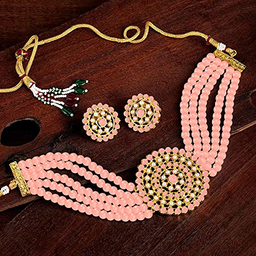 Aheli Pearl Diamond Choker Necklace & Round Earrings Gift for Women Indian Traditional Bollywood Fashion Bharatanatyam jewellery set - color: Peach