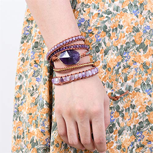 YGLINE Boho Handmade Wrap Leather Tube Crystal Stone Bracelet for Women - color: Amethyst