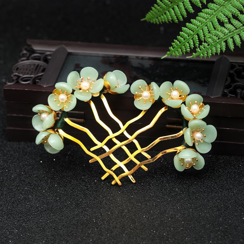 2pcs Jade Flower Hair Pin, Chinese Hair Stick Jade Hairpin, Retro Chignon Pin Traditional Classical Flower Hair Chopstick Hair Styling Accessories for Women, Green - color: 2 green