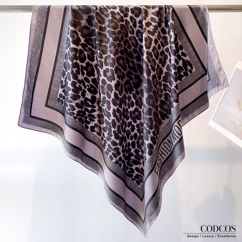 Women's Square Silk Like Head Scarf Large 35 inch Silk Feeling Hair Wrapping Satin Scarves for Sleeping Bandanas - color: A015-1 Twill Leopard Print Dark Grey