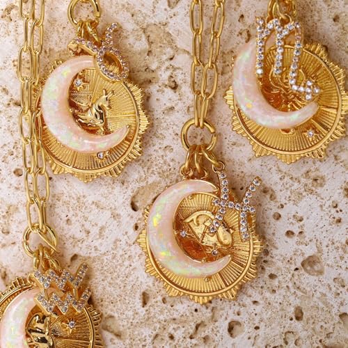 Dainty Gold Zodiac Embossed Coin Opal Crescent Moon Charm Necklace for Women Trendy 18K Gold Plated Retro Paperclip Chain 12 Constellation Horoscope Necklaces Astrology Jewelry Gifts - style: 5.LEO (JUL 23-AUG 22)