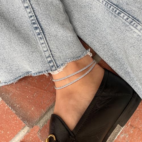 Ankle Bracelets for Women, 14K Gold Anklets for Women Waterproof Cuban Link Chain Layered Anklet Set Gold Ankle Bracelets for Women Summer Beach Foot Jewelry Gifts - color: 2 Silver with Zircon Chain