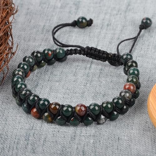 MASSIVE BEADS Double Layer Natural Chakra Healing Power Crystals Macrame Bracelet Yoga Stone Beads Gemstone Meditation Relax Anxiety Bangle for Unisex Women Men - color: Bloodstone, size: 6mm