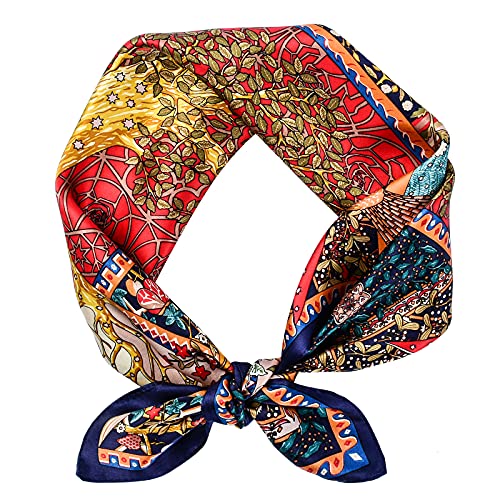 Stlvoll 100% Silk Head Scarf for Women - 27" Hair Scarves Satin Bandanas Square for Night Sleeping with Gift Packed - color: Red/Tree