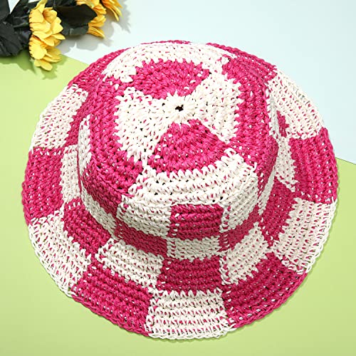 Sun Hats Checkerboard Straw Bucket Hat for Women Packable Crochet Wide Brim Floppy Beach Hats Traveling Summer Accessories - color: Hot Pink