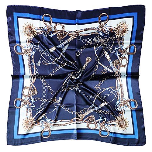vabovin Satin Head Scarf for Women Silk Like Hair Scarf, 35 x 35 in | Silk Feel Fabric, Hair Wrap for Sleeping, Headscarf and Neck Scarf, Square Bandana Style, Fashion Accessory - color: 011 Blue Chain Print