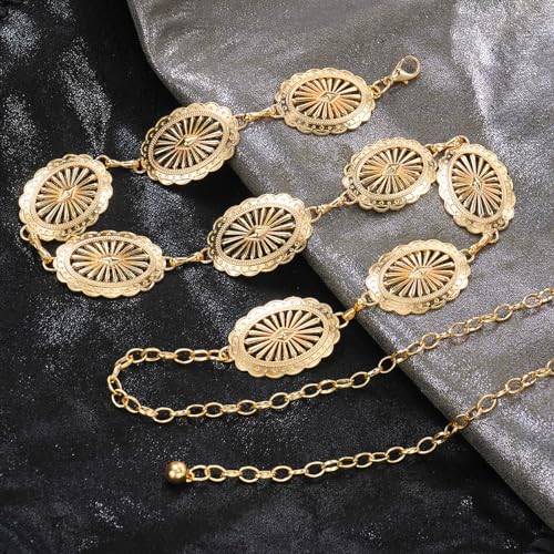 Women's Concho Chain Belt Western Cowgirl Metal Waist Chain Belt for Dress - color: A Gold, size: XL: 59 in