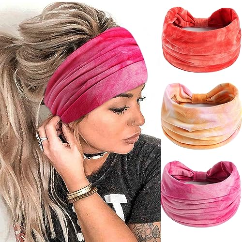 FULZTEY Wide Headbands for Women Fashion Boho Head Bands Pink Tie Dye Headwrap Elastic Yoga Sports Workout Hairbands Knotted Bandanas Soft Fabric Turban Hair Accessories for Teenage Girls 3Pcs - color: Style 25