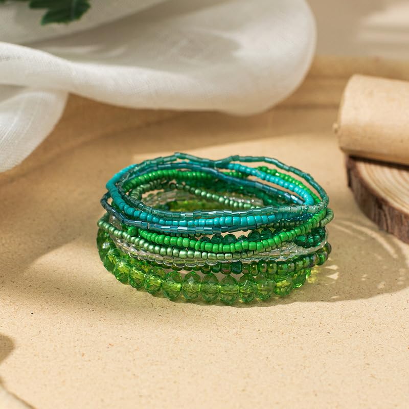 Caiyao Bohemian Multilayer Stackable Seed Beaded Bracelets Colorful Crystal Glass Beads Strand Bangle Bracelet BFF Wristbands Bracelet for Women Summer Beach Hawaii Jewelry Birthday Gifts - color: Green