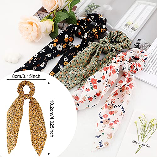 Chuangdi 10 Pcs Hair Scrunchies Hair Scarf with Ribbon Bunny Ears Chiffon Floral Bow Ponytail Holder Boho Elastic Floral Ropes 2 in 1 Vintage Accessories for Women (Ditsy Print) - style: Ditsy Print