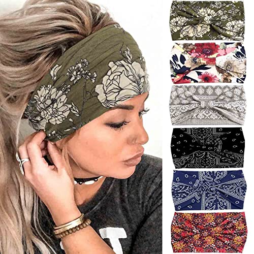 Olbye Wide Headbands Knotted Turban Headband Floral Non Slip Elastic Hairbands Workout Head Wraps Yoga Hair Scarfs Boho Fashion Hair Accessories for Women 6 Pcs (Chic)