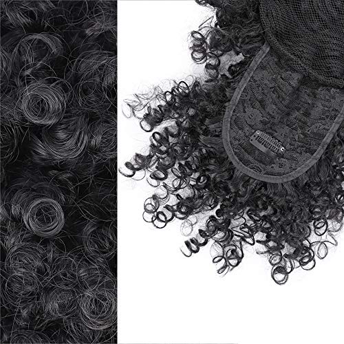 Drawstring Ponytail with Bangs Afro Puff Ponytail Extensions for Women Short Curly Puff Ponytail with Bangs Clip in Wrap Updo Hairpiece for Women(1B) - color: 1B