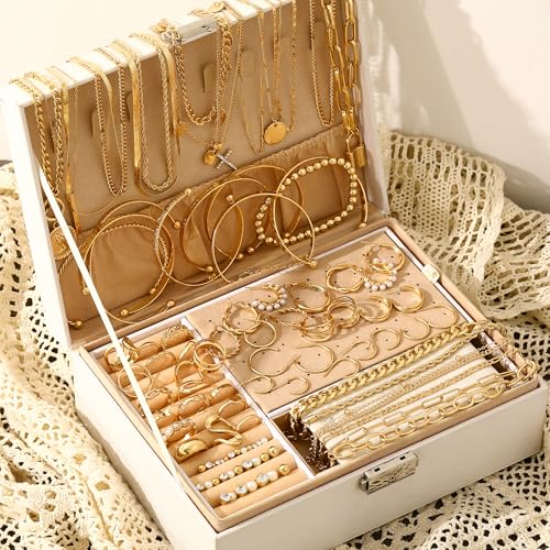 FAXHION 68 Pcs Gold Jewelry Set for Women with 7 Necklace, 17 Bracelet, 5 Hoop Earrings, 15 Stud Earrings, 24 Knuckle Rings for Women Jewelry Set for Women Gift - color: gold jewelry
